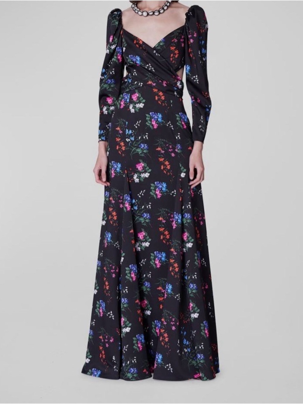 Carolina Herrera Floral Print Crossover Cutout Puff Sleeve Maxi Dress Gown